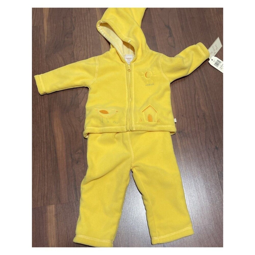 OshKosh Baby 6-9M NWT Yellow Fleece Hooded Jacket Pants Set Bird Sun Pixie Hood